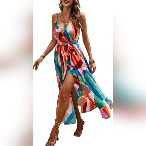 Unbranded Dresses & Skirts - Women's Wrap Boho Front Ruched Hem Sleeveless Spaghetti Straps Belted